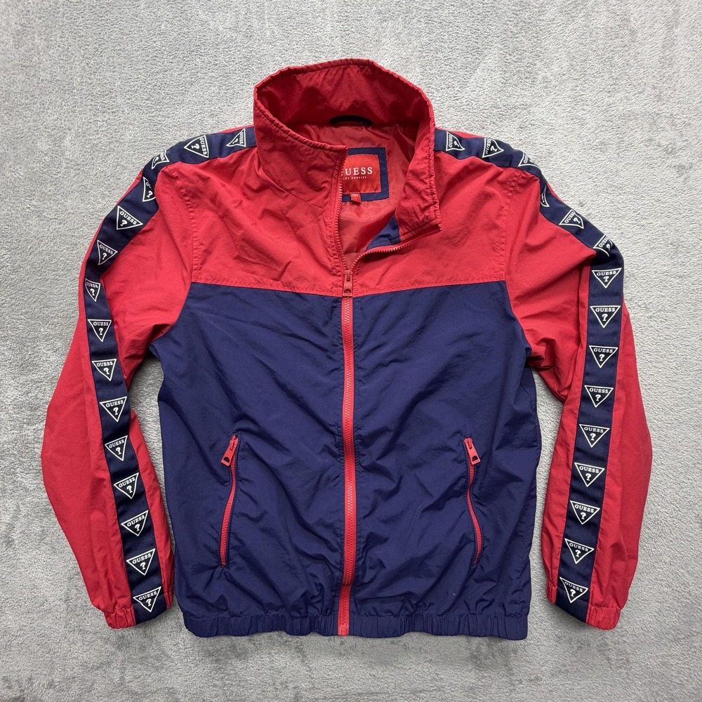 Guess Jacket Mens‎ Large Red Navy Colorblock Logo Tape Windbreaker Full Zip